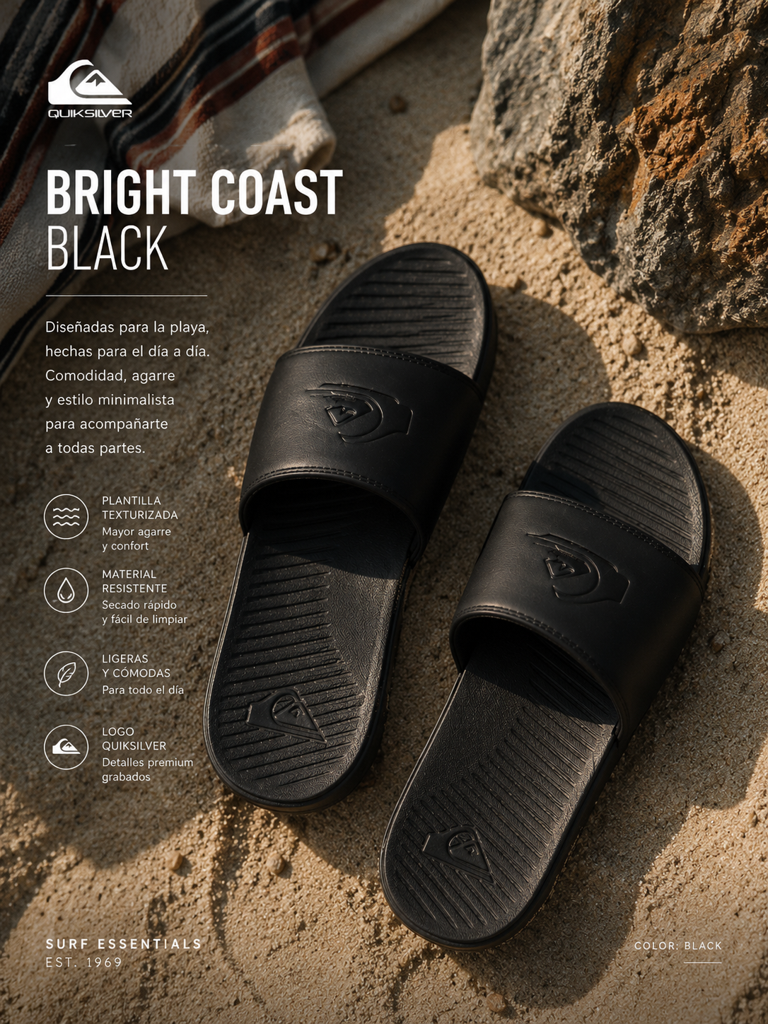 Chanclas de Pala Quiksilver Bright Coast Black estilo surf lifestyle premium en playa