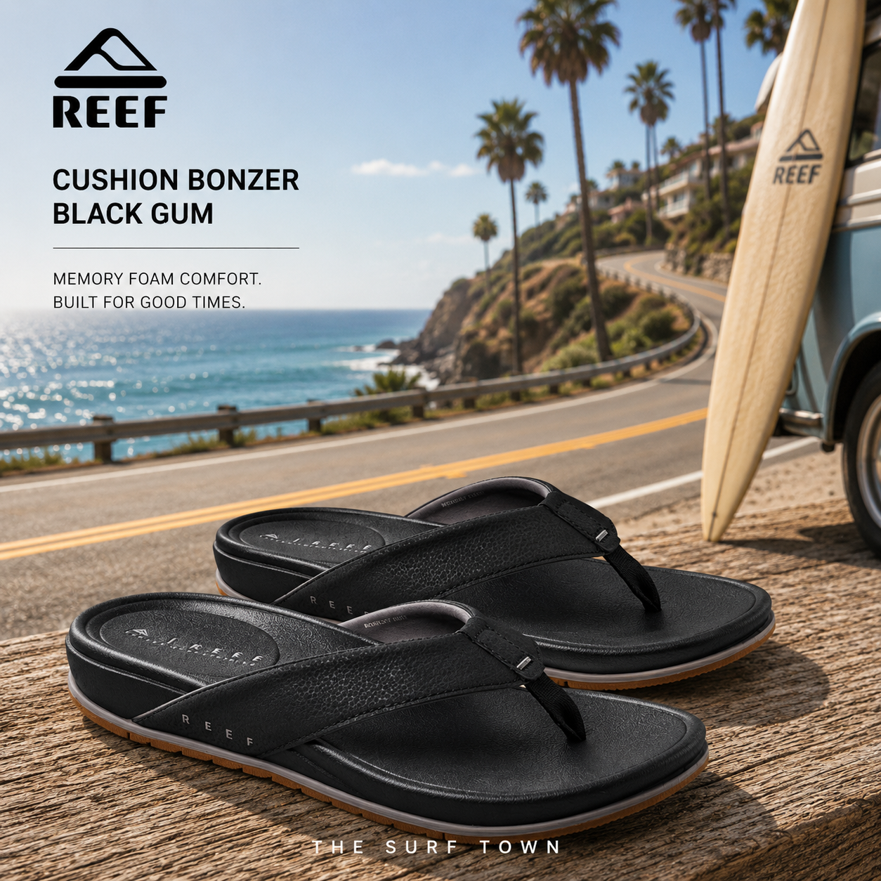Chanclas Reef Cushion Bonzer Black Gum para hombre en fotografía editorial propia de THE SURF TOWN sobre carretera coastal California con estilo surf lifestyle premium