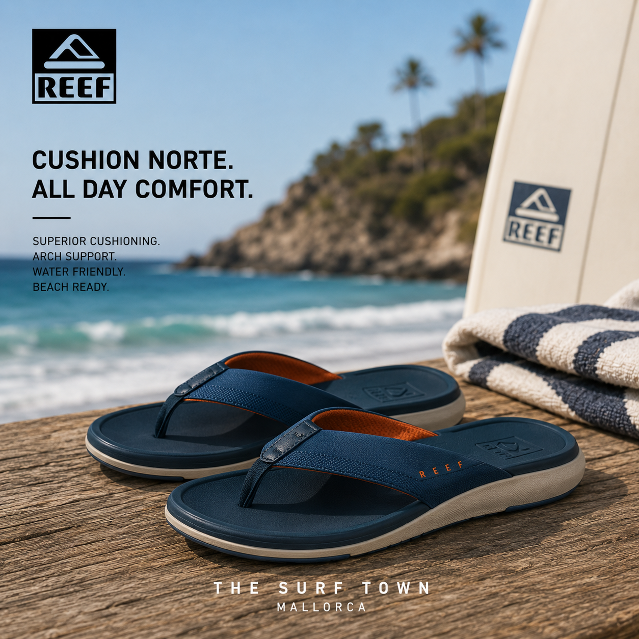 Chanclas Reef Cushion Norte Deep Depths Sienna en fotografía editorial propia de THE SURF TOWN sobre mesa de madera frente al mar con estilo surf lifestyle premium y luz natural diurna