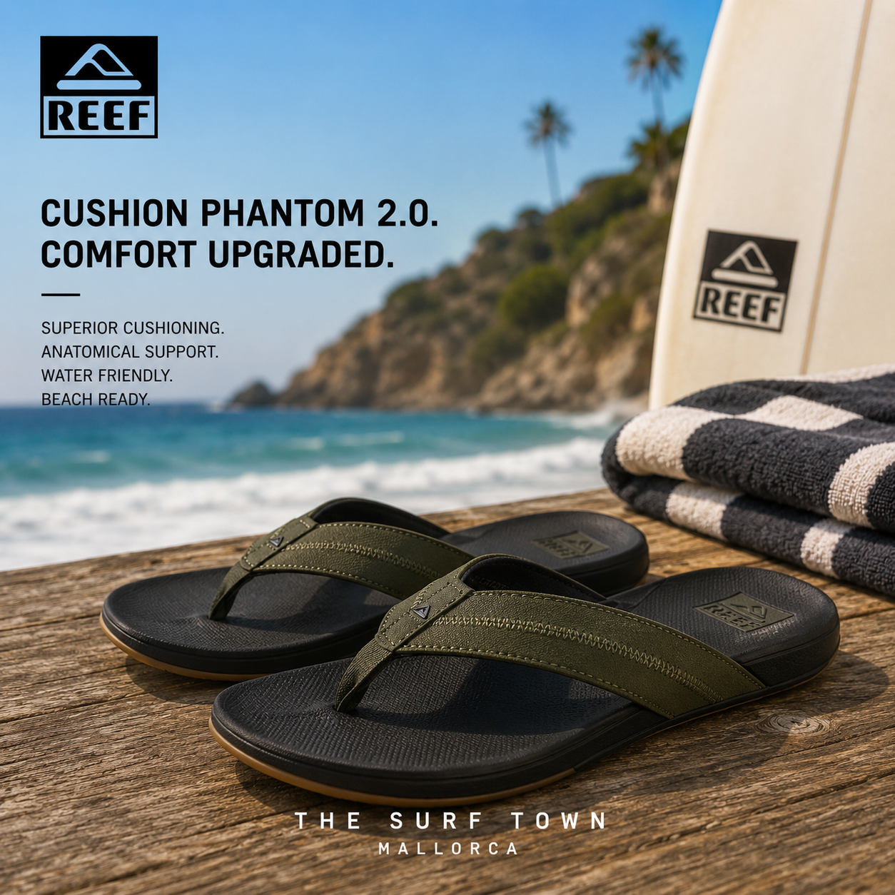 Chanclas Reef Cushion Phantom 2.0 Olive Gum en fotografía editorial propia de THE SURF TOWN sobre mesa de madera frente al mar con estilo surf lifestyle premium y luz natural diurna