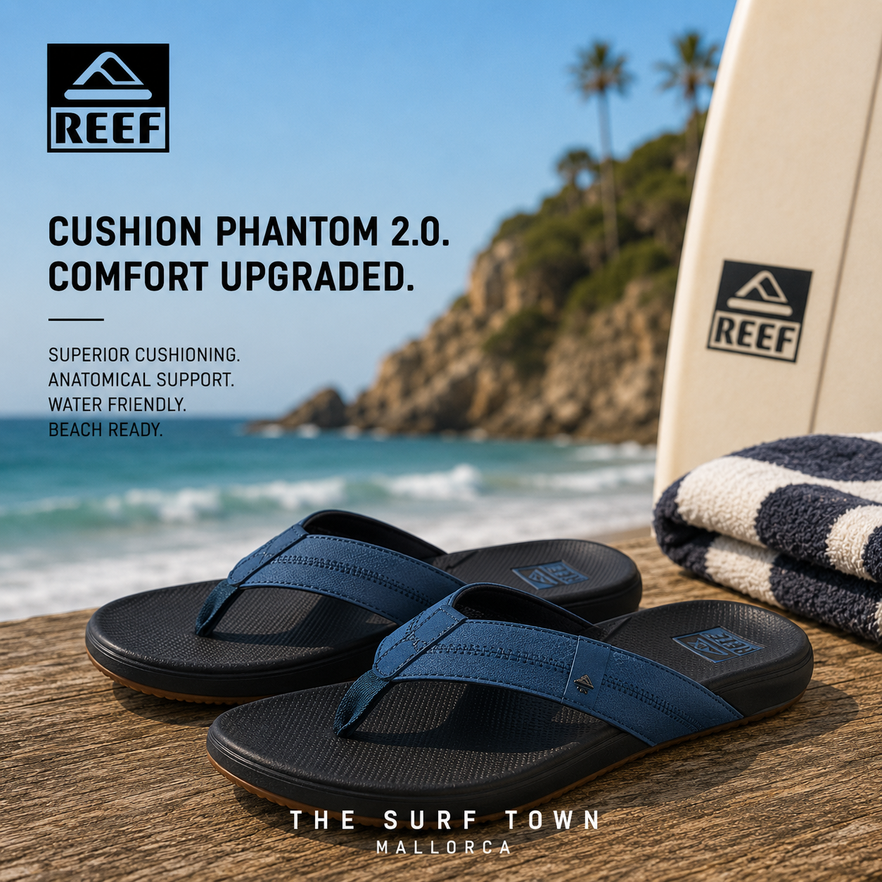 Chanclas Reef Cushion Phantom 2.0 Orion Black en fotografía editorial propia de THE SURF TOWN sobre mesa de madera frente al mar con estilo surf lifestyle premium y luz natural diurna