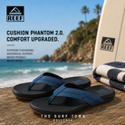 Chanclas Reef Cushion Phantom 2.0 Orion Black en fotografía editorial propia de THE SURF TOWN sobre mesa de madera frente al mar con estilo surf lifestyle premium y luz natural diurna