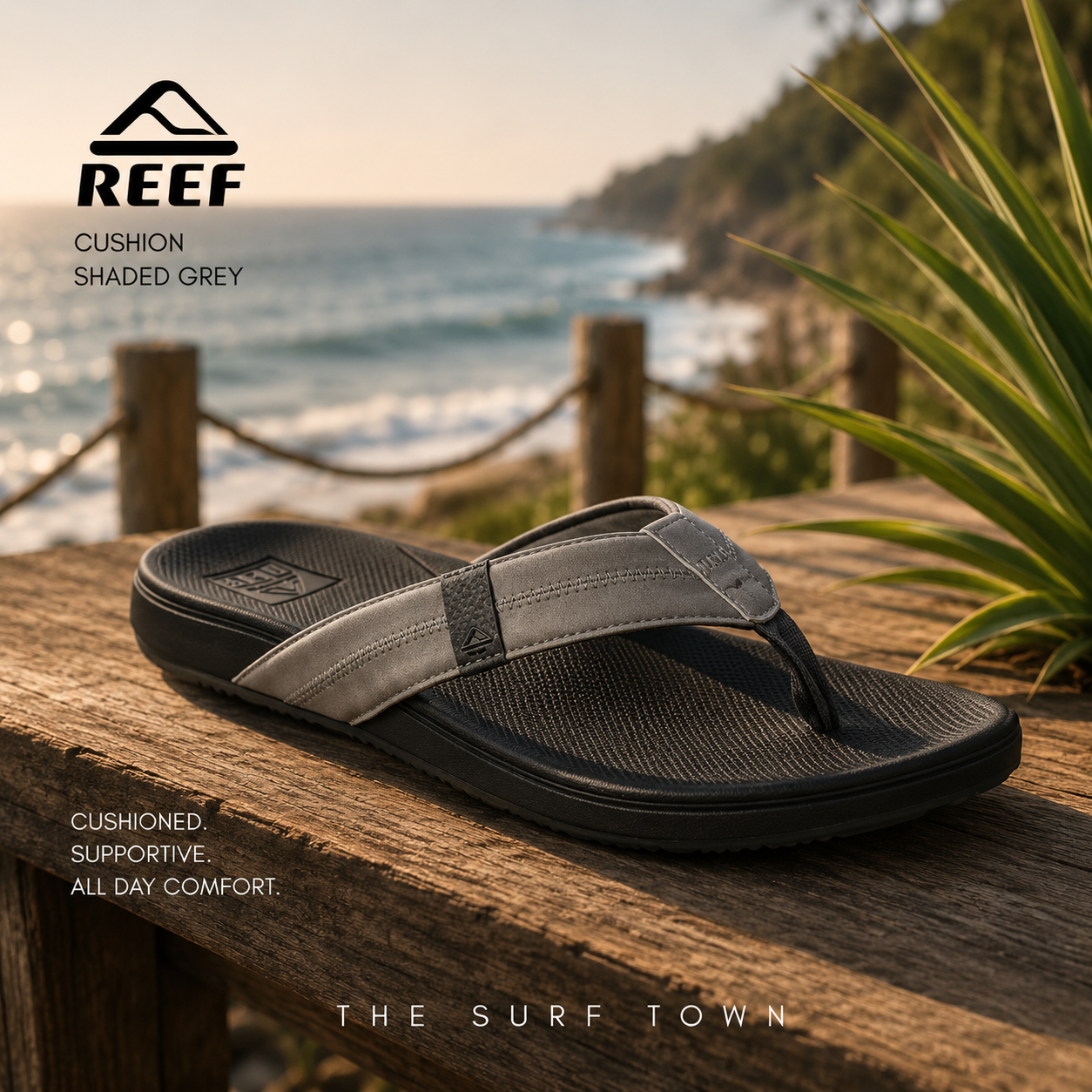 Chanclas Reef Cushion Shaded Grey en fotografía editorial propia de THE SURF TOWN junto a la costa en surf lifestyle premium
