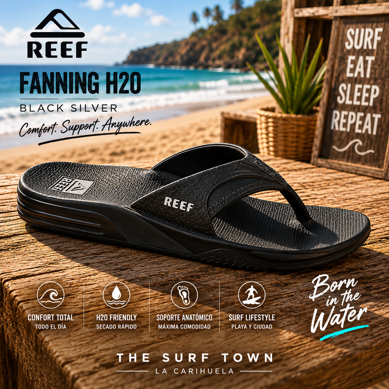 imagen propia de the surf town de Chanclas Reef Fanning H2O Black Silver para hombre sobre madera junto a la playa con estilo surf lifestyle y ambiente Costa del Sol