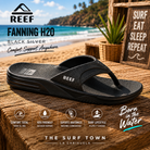 imagen propia de the surf town de Chanclas Reef Fanning H2O Black Silver para hombre sobre madera junto a la playa con estilo surf lifestyle y ambiente Costa del Sol