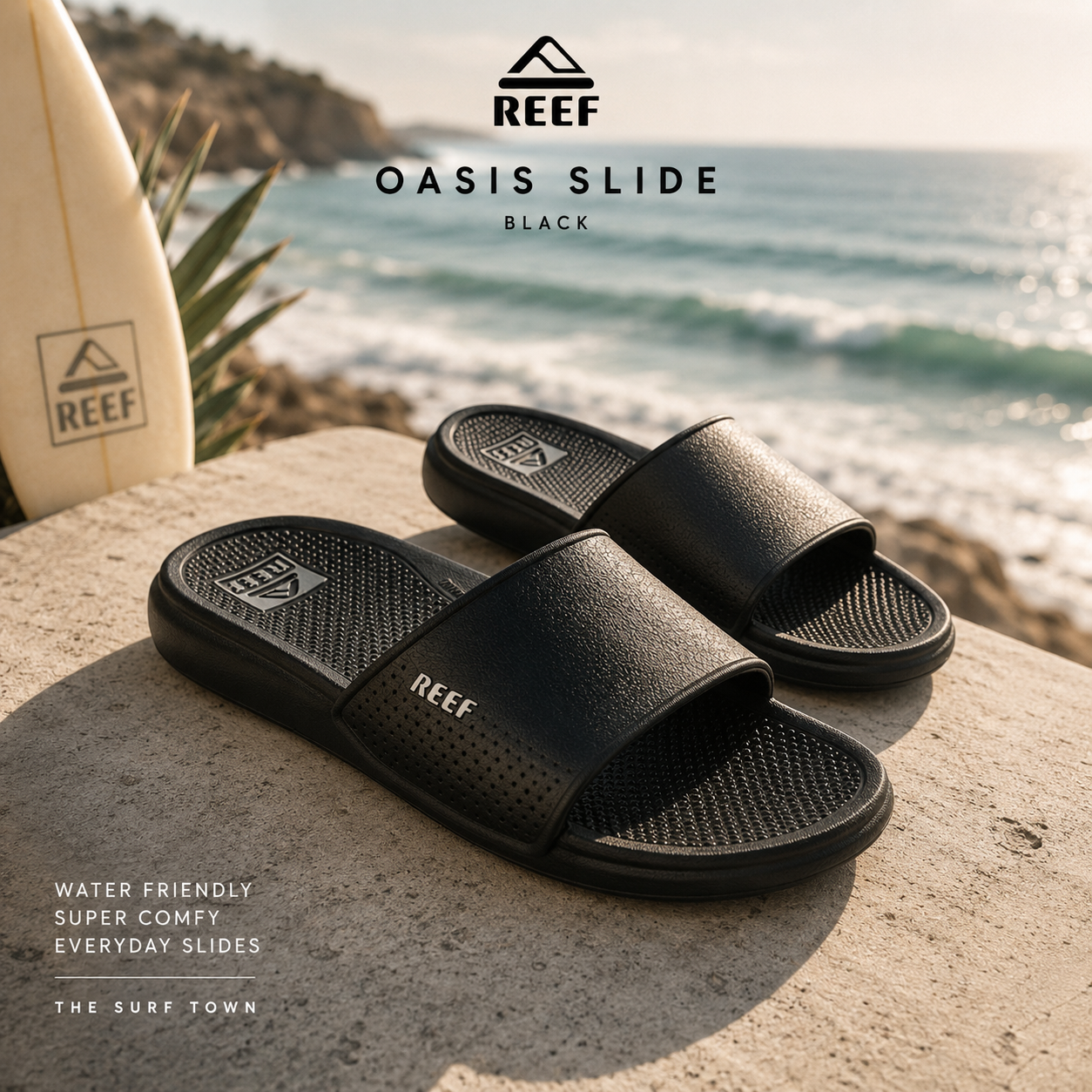 Chanclas Reef Oasis Slide Black en fotografía editorial propia de THE SURF TOWN con escenario coastal premium y estilo beach lifestyle junto al mar