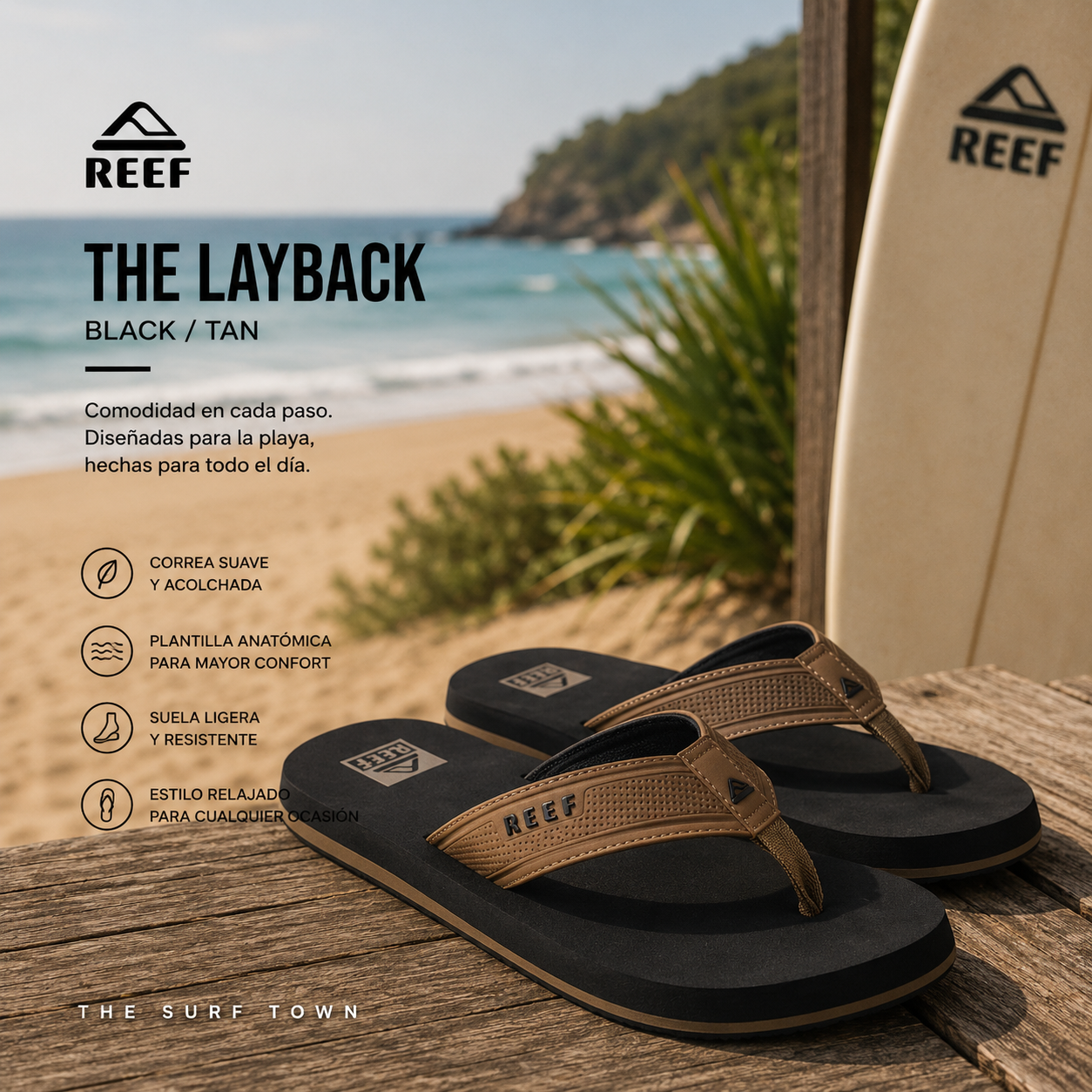 Chanclas Reef The Layback Black Tan para hombre en fotografía editorial propia de THE SURF TOWN, chanclas cómodas de playa estilo surf lifestyle en ambiente costero premium