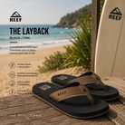 Chanclas Reef The Layback Black Tan para hombre en fotografía editorial propia de THE SURF TOWN, chanclas cómodas de playa estilo surf lifestyle en ambiente costero premium