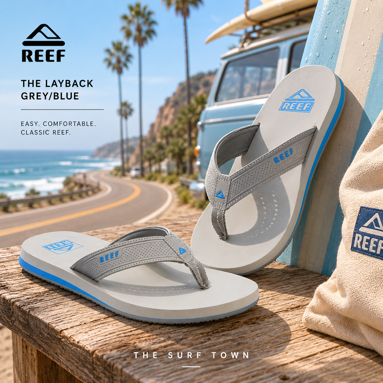 Chanclas Reef The Layback Grey Blue para hombre en fotografía lifestyle premium sobre carretera coastal California con estilo surf clásico