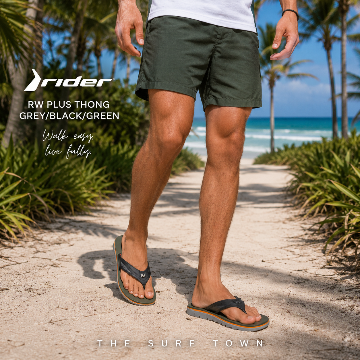 Chanclas Rider RW Plus Thong Grey Black Green en fotografía editorial propia de THE SURF TOWN en camino de arena blanca entre palmeras con estilo beach lifestyle masculino