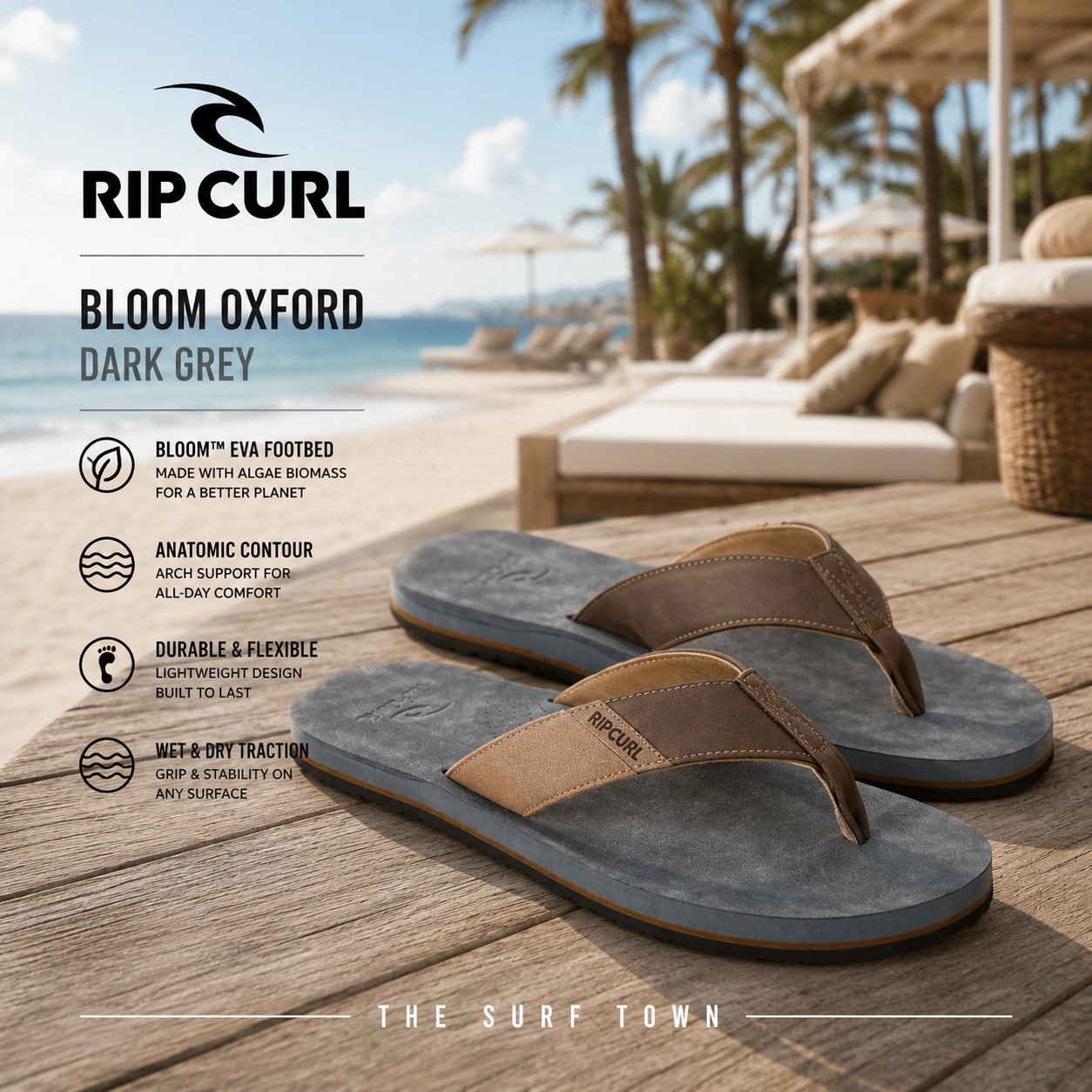 Chanclas Rip Curl Bloom Oxford Dark Grey en fotografía editorial propia de THE SURF TOWN en beach club premium frente al mar con plantilla Bloom EVA, diseño cómodo, gran agarre y estilo surf para verano.