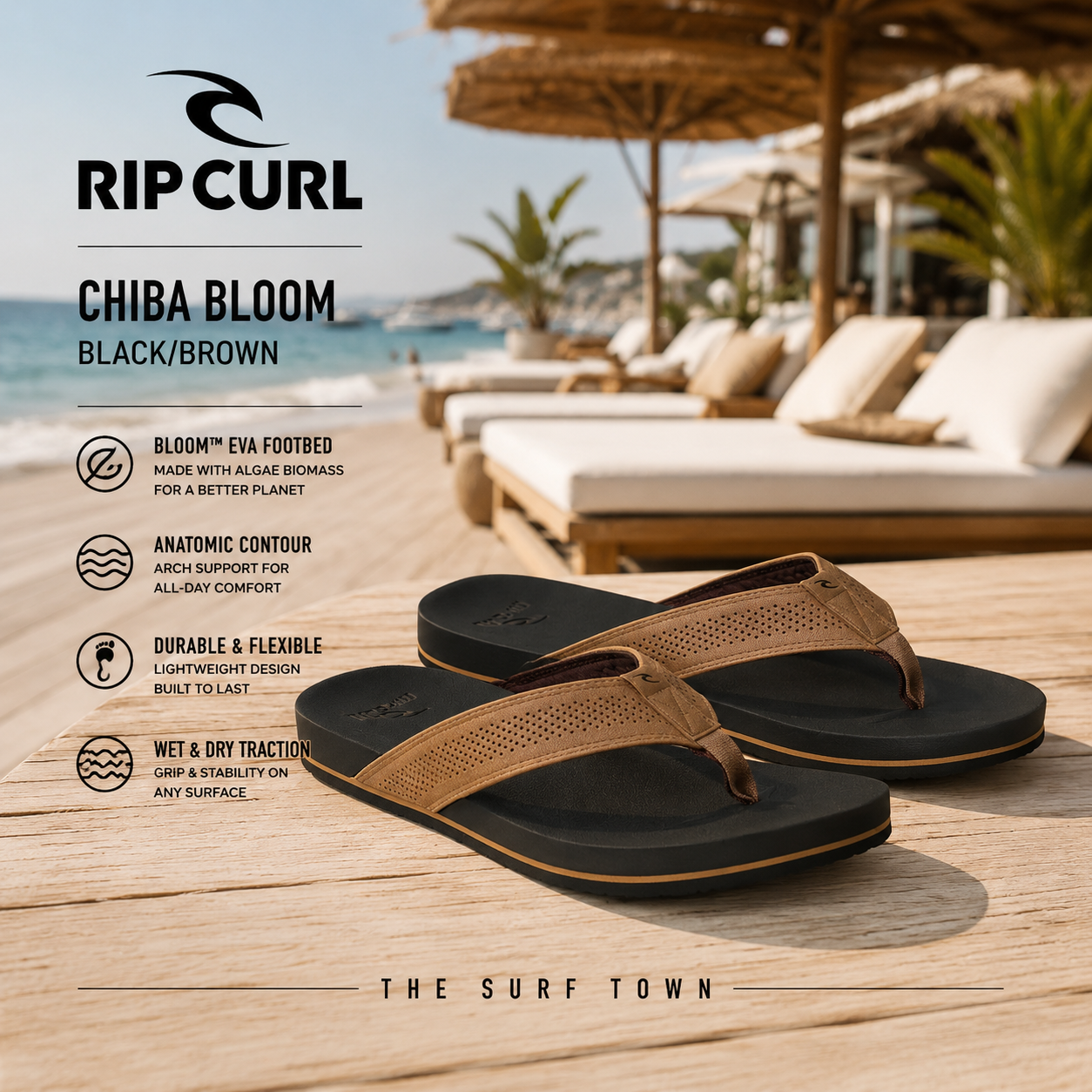 Chanclas Rip Curl Chiba Bloom Black Brown en fotografía editorial propia de THE SURF TOWN en beach club premium frente al