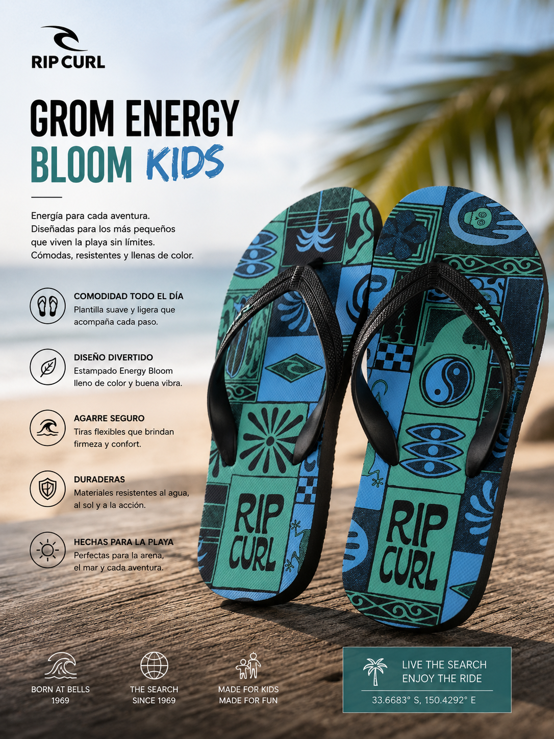 Chanclas Rip Curl Grom Energy Bloom KIDS azules estampadas en escena editorial tropical surf beach lifestyle infantil