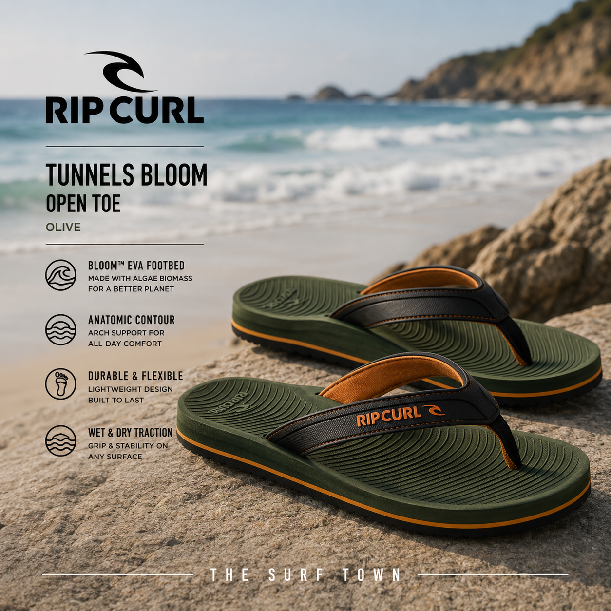 Chanclas Rip Curl Tunnels Bloom Open Toe Olive en fotografía editorial propia de THE SURF TOWN sobre costa mediterránea con plantilla Bloom EVA, gran comodidad, agarre y estilo surf para verano.