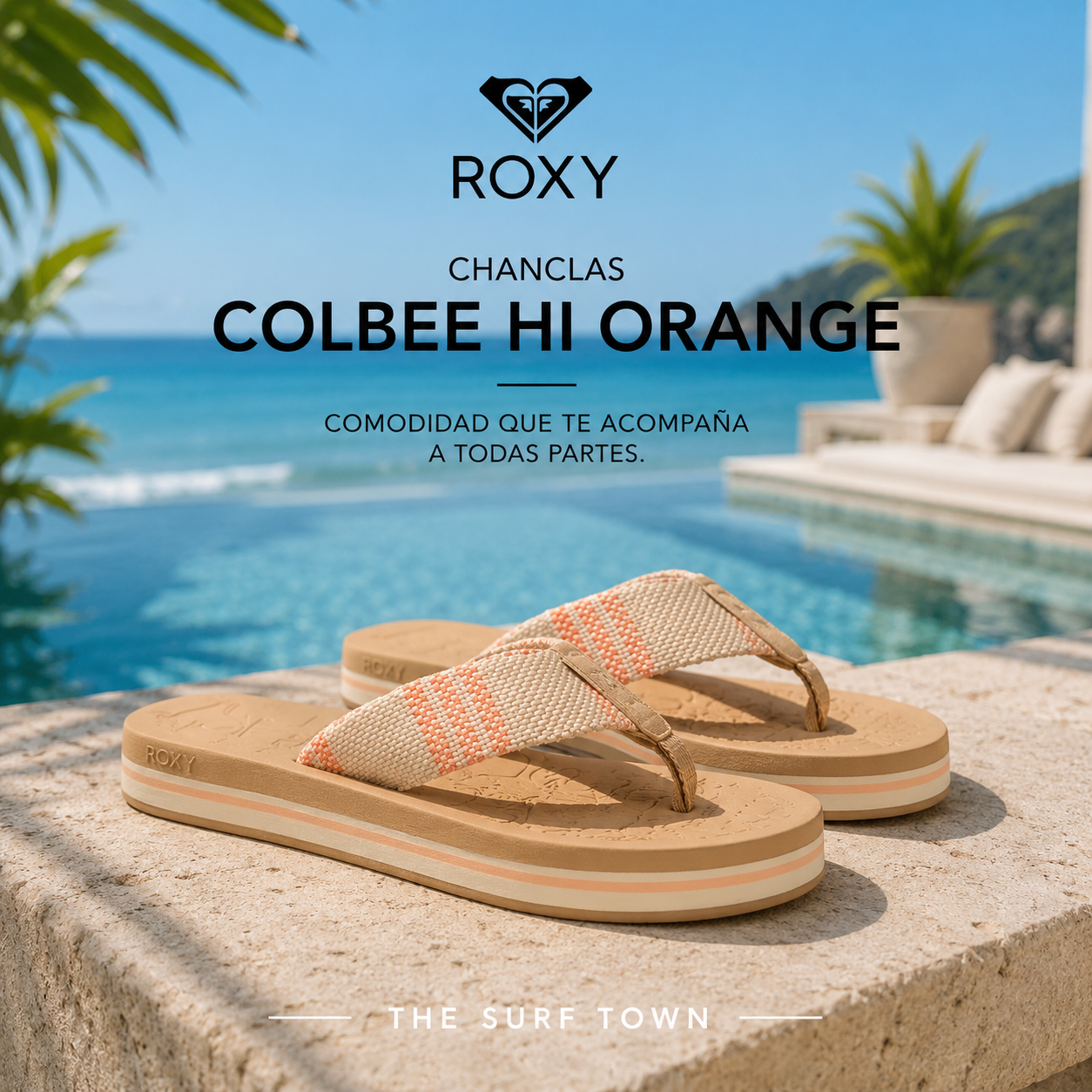 Chanclas Roxy Colbee Hi Orange en fotografía editorial propia de THE SURF TOWN junto a piscina infinity frente al mar, sandalias de plataforma para verano, vacaciones, playa y estilo beach lifestyle.