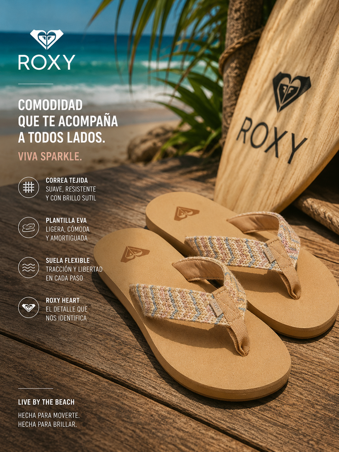Chanclas Roxy Porto Rope multicolor para mujer en escena beach lifestyle premium sobre madera junto al mar tropical
