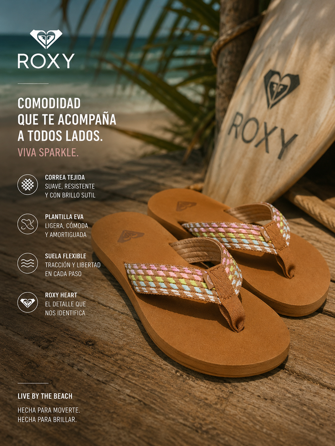 Chanclas Roxy Porto Rope multicolor para mujer en escena beach lifestyle premium sobre madera junto al mar