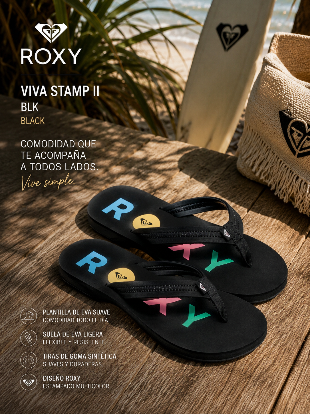 Chanclas Roxy Vista Black mujer en beach deck tropical premium con estética editorial surf y campaña lifestyle femenina
