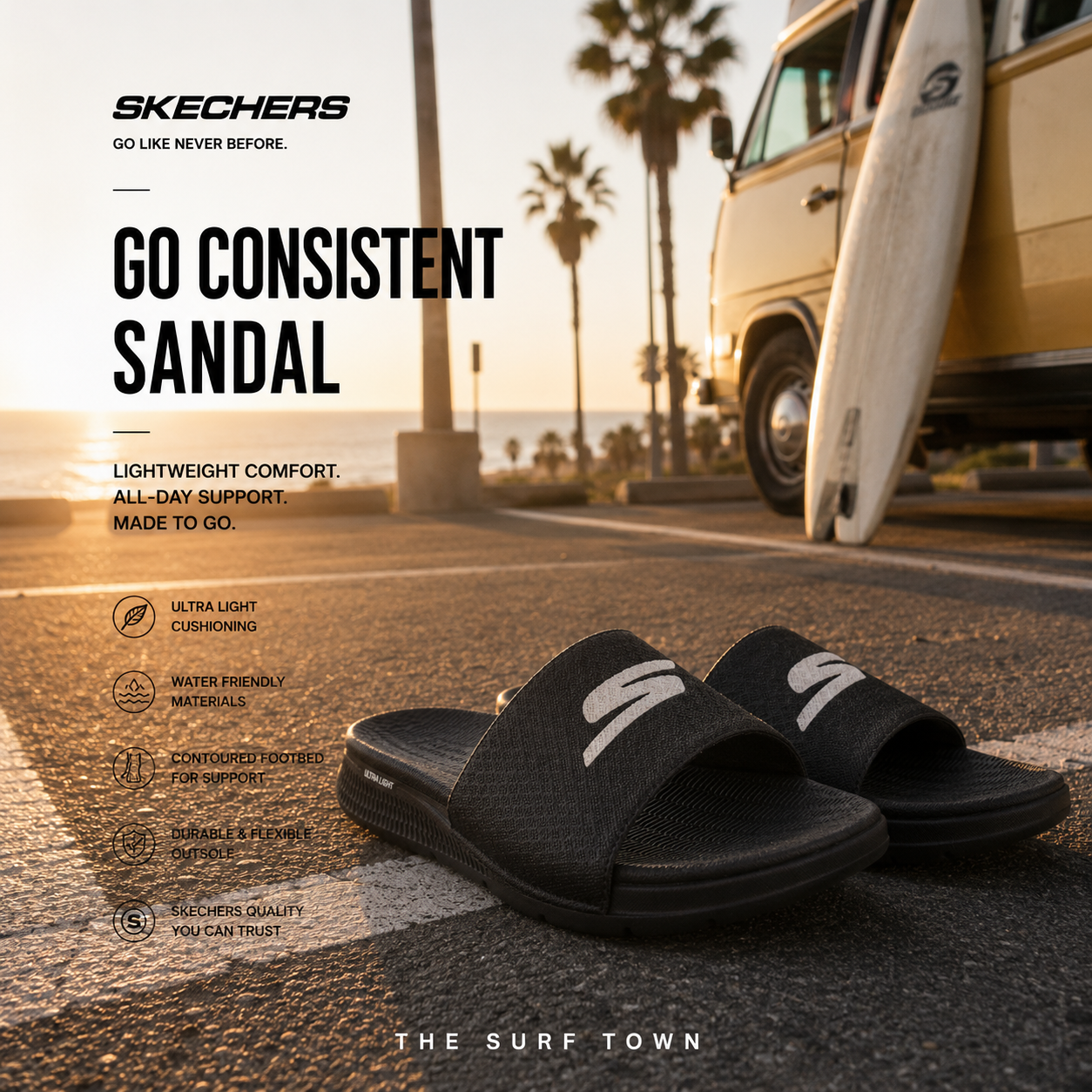 Fotografía propia de THE SURF TOWN de las chanclas Skechers Go Consistent Sandal en parking costero California con ambiente surf lifestyle premium