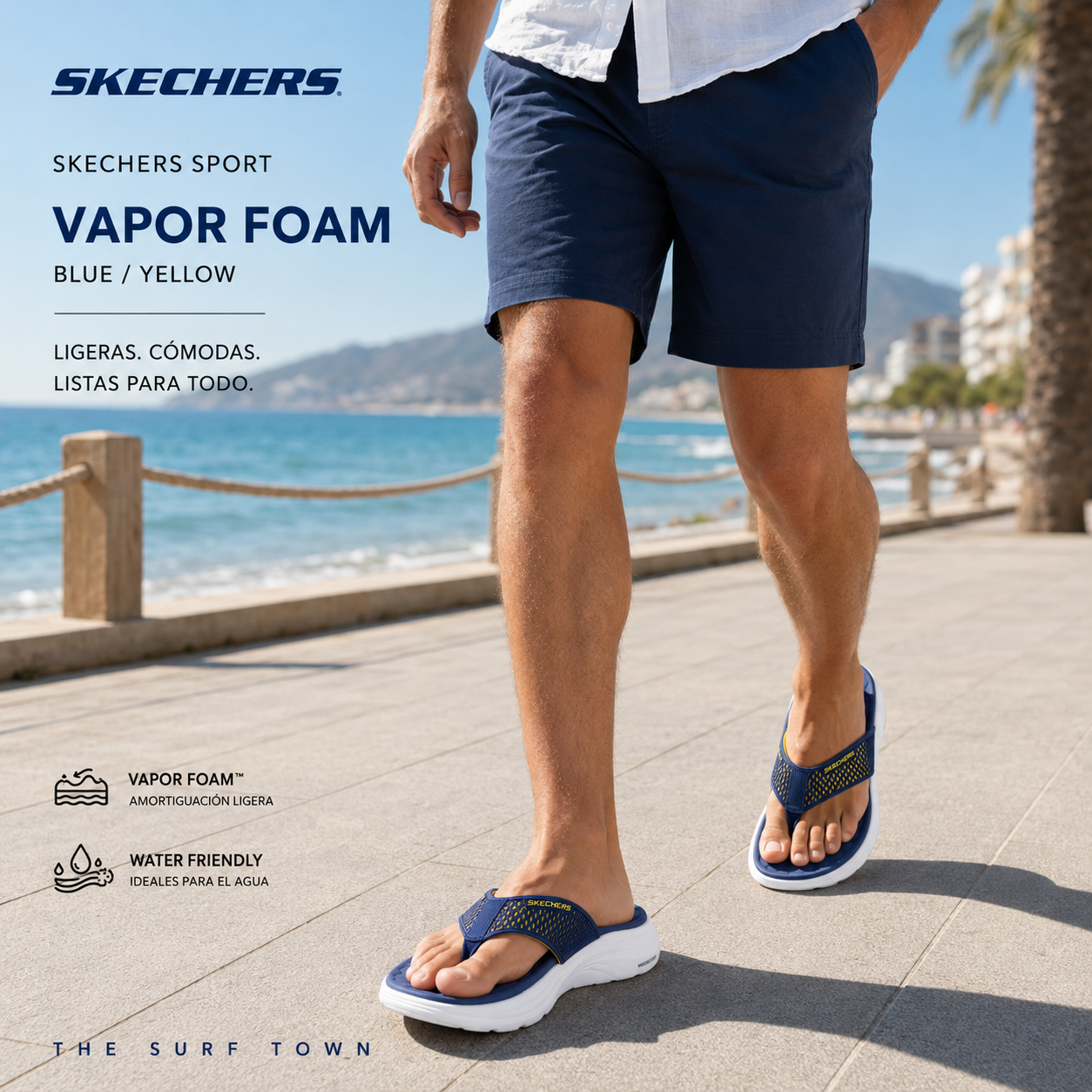 Chanclas Skechers Sport Vapor Foam Blue Yellow en paseo marítimo junto al mar, fotografía editorial propia de THE SURF TOWN con estilo verano masculino y comodidad premium
