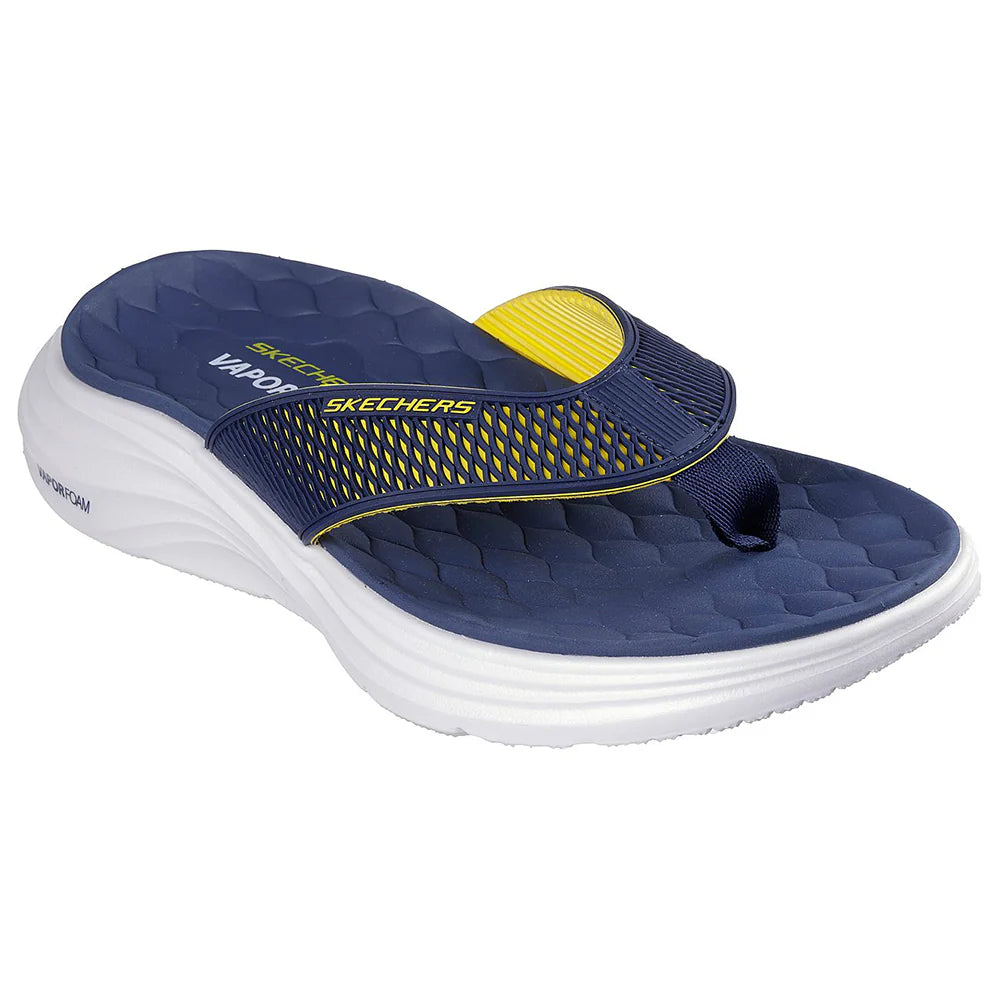 Chanclas SKECHERS Vapor Foam Blue Yellow en color azul y amarillo con suela blanca ideales para verano