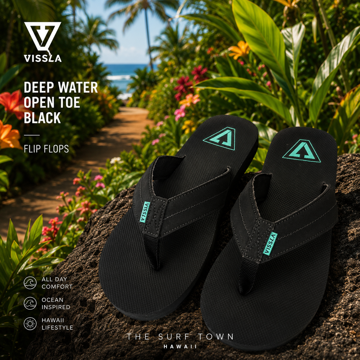 Fotografía propia de THE SURF TOWN de las chanclas Vissla Deep Water Open Toe Black para hombre en un jardín tropical de Hawái con flores exóticas, vegetación exuberante y ambiente surf lifestyle premium.