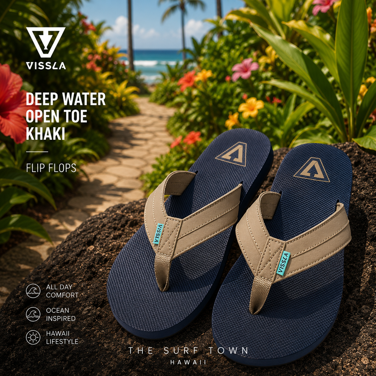 Fotografía propia de THE SURF TOWN de las chanclas Vissla Deep Water Open Toe Khaki para hombre en un jardín tropical de Hawái con flores exóticas, senderos naturales y ambiente surf lifestyle premium.