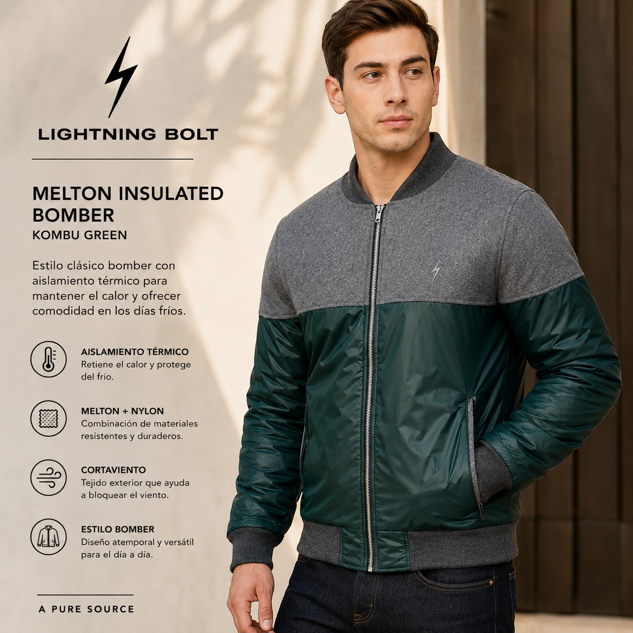 Chaqueta Lightning Bolt Melton Insulated Bomber Kombu Green para hombre en fotografía editorial propia de THE SURF TOWN con estilo casual premium y diseño bomber