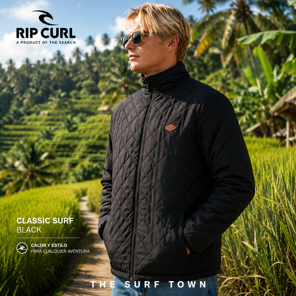 Chaqueta Rip Curl Classic Surf Black para hombre en campos de arroz de Bali, fotografía editorial propia de THE SURF TOWN inspirada en el surf travel lifestyle premium