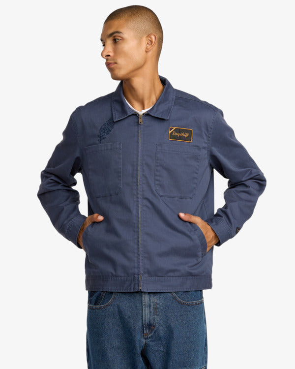 Chaqueta RVCA KSL Garage Moody Blue hombre chaqueta azul estilo workwear con cremallera y parche RVCA