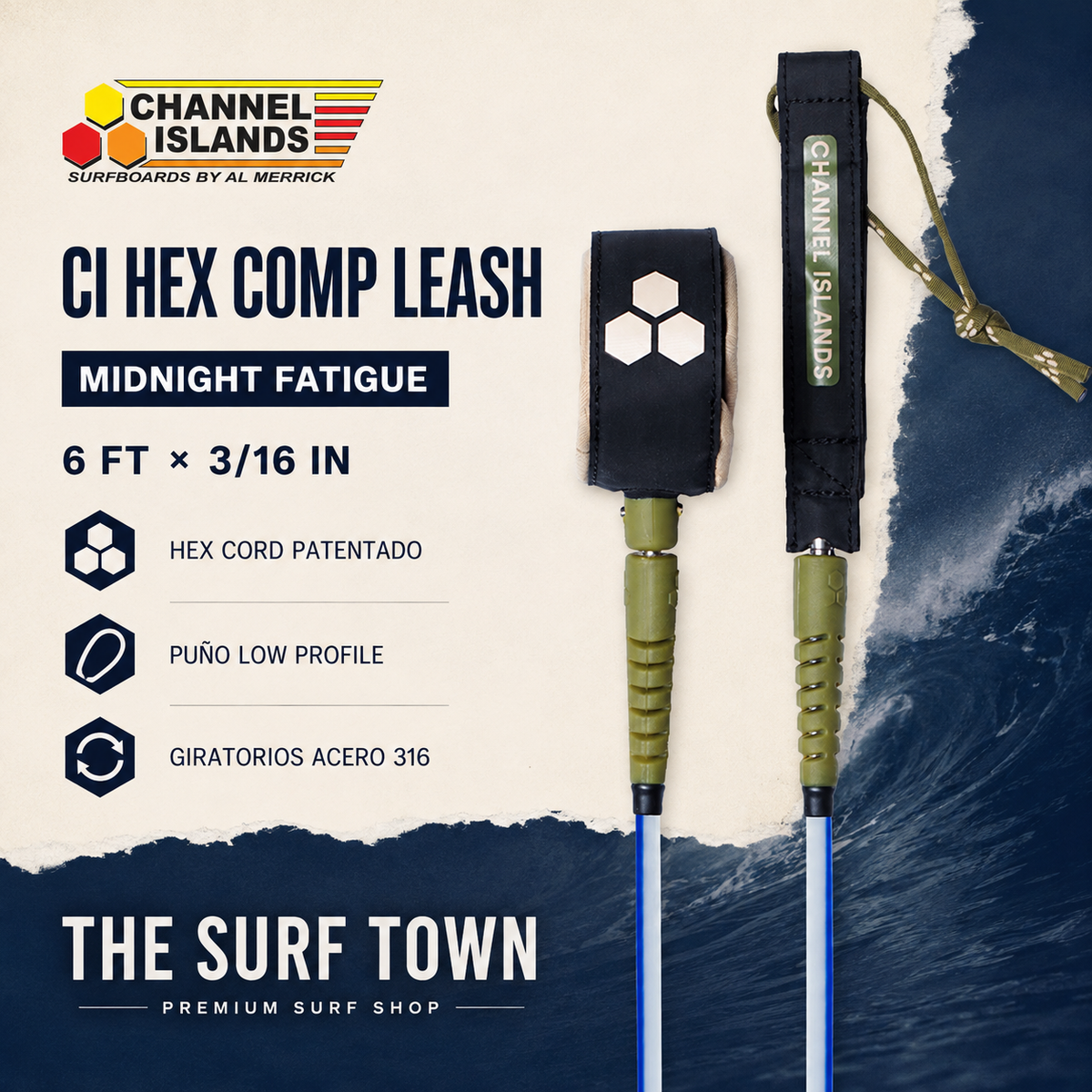Editorial premium Channel Islands Hex Comp Leash 6' Midnight Fatigue por The Surf Town