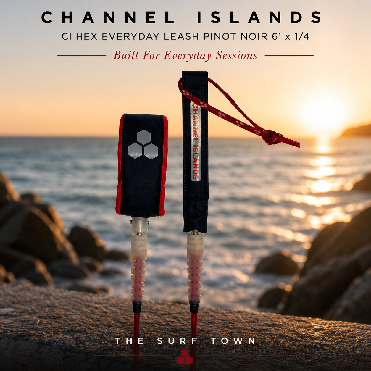 Leash Channel Islands CI Hex Everyday Leash Pinot Noir 6' X 1/4 en fotografía editorial propia de THE SURF TOWN con ambiente surf premium, costa oceánica al atardecer y fondo desenfocado para destacar el producto.