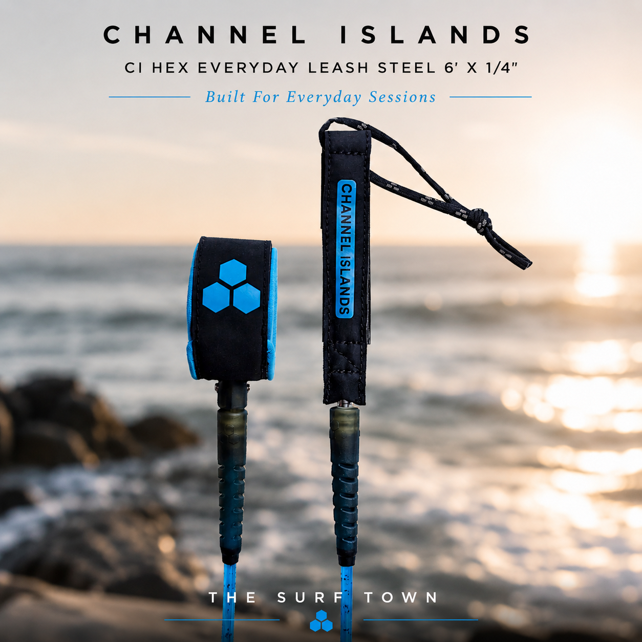 Leash Channel Islands CI Hex Everyday Leash Steel 6' X 1/4 en fotografía editorial propia de THE SURF TOWN con ambiente surf premium, costa oceánica y fondo desenfocado para destacar el producto.