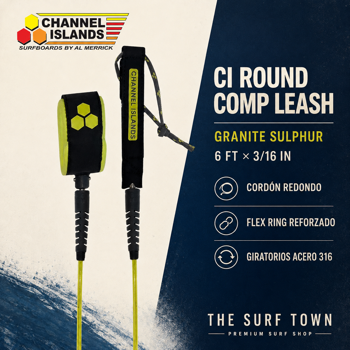 Editorial premium Channel Islands Round Comp Leash 6' Granite Sulphur por The Surf Town