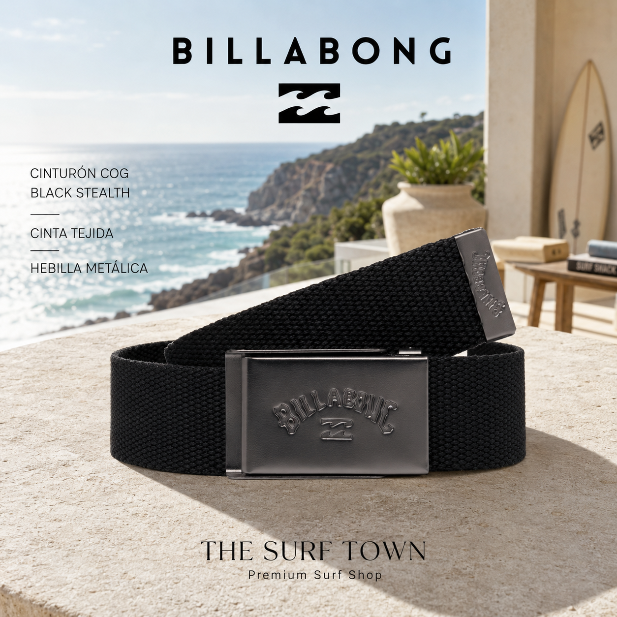 Cinturón Billabong Cog Black Stealth para hombre con hebilla metálica y cinta negra ajustable