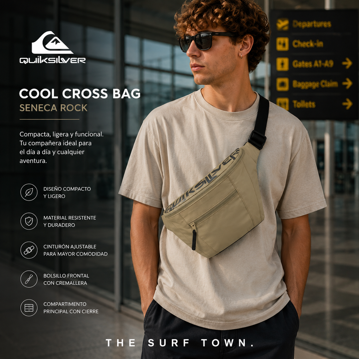 Cool Cross Bag Quiksilver Seneca Rock en fotografía editorial propia de THE SURF TOWN con estilo travel lifestyle premium en aeropuerto internacional