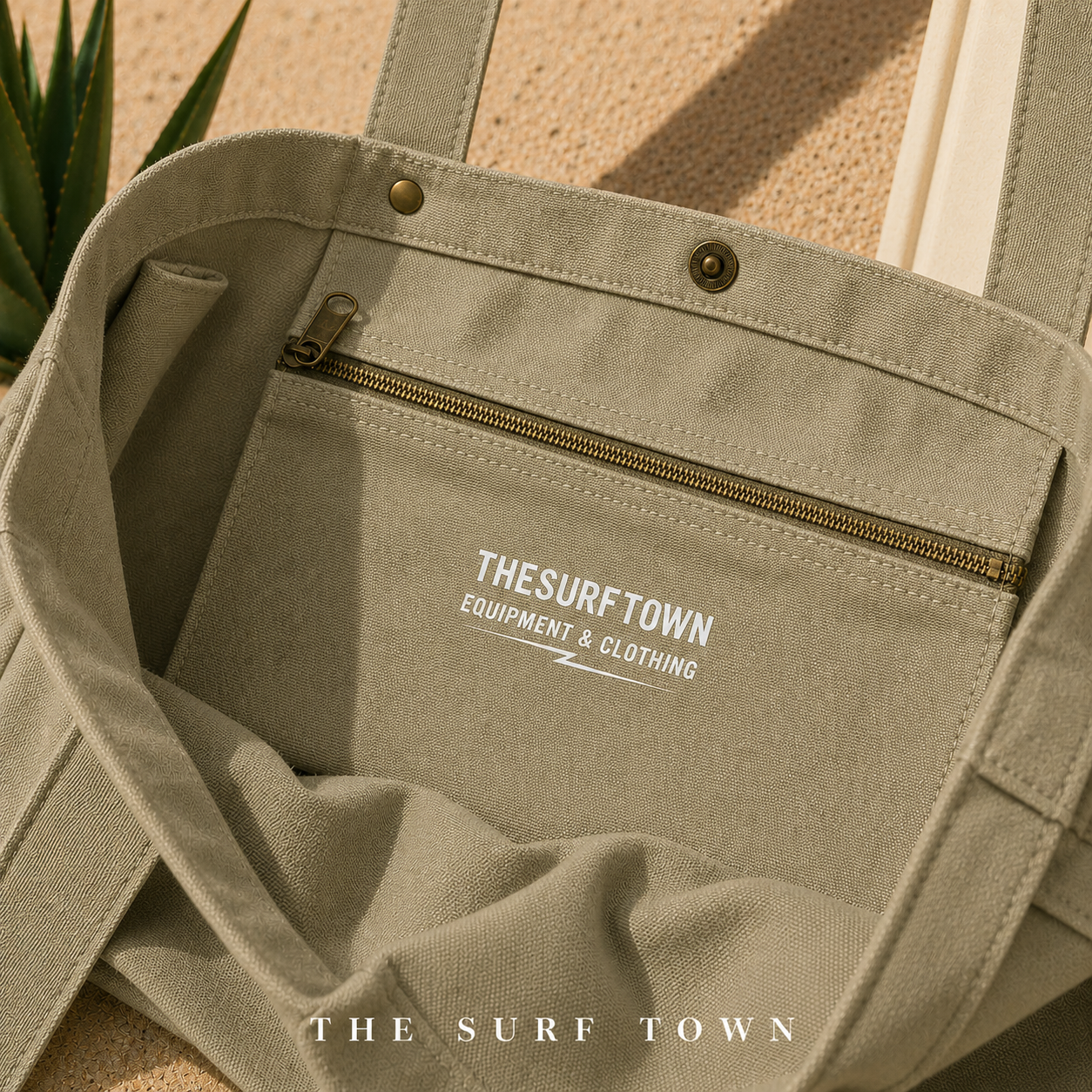Detalle del bolsillo interior con cremallera del Bolso de Playa The Surf Town Tote Beach Bag Olive de algodón color verde oliva con gran capacidad y diseño exclusivo para playa y verano