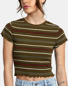 detalle rayas camiseta RVCA Classmate Dark Olive mujer