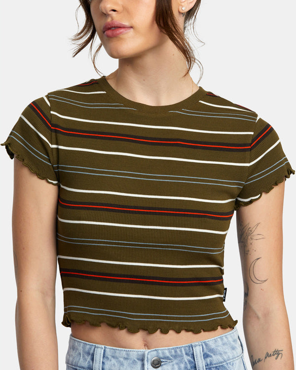 detalle rayas camiseta RVCA Classmate Dark Olive mujer