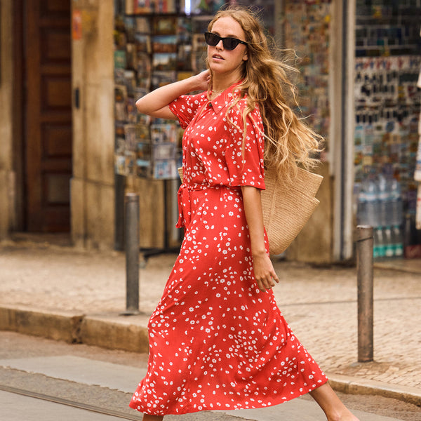 Vestido Roxy Island Scape Poppy Red Dancing Ditsy