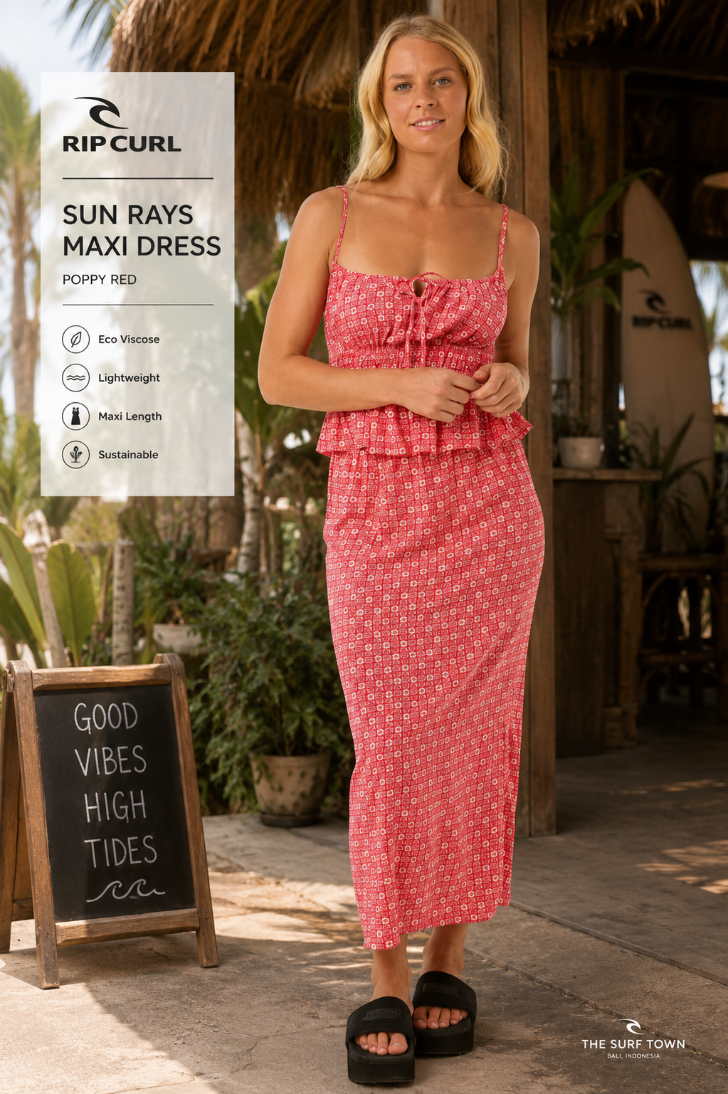 Falda Rip Curl Cala Mayor Red mujer en beach club tropical premium con estética surf lifestyle editorial