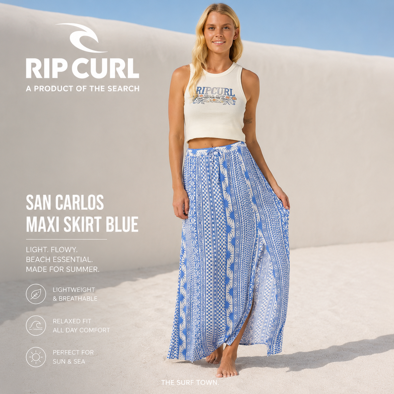 Falda Rip Curl Larga San Carlos Blue para mujer con estampado azul y estilo bohemio veraniego