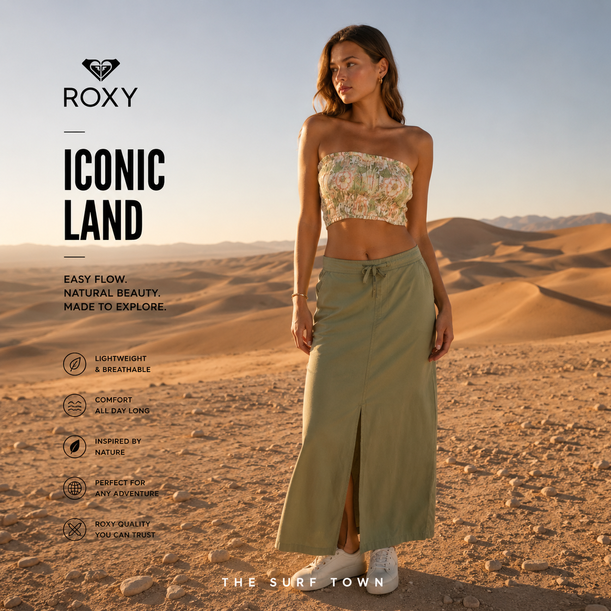 Fotografía propia de THE SURF TOWN de la falda Roxy Iconic Land Oil Green para mujer en dunas del desierto con estilo beachwear premium y espíritu aventurero