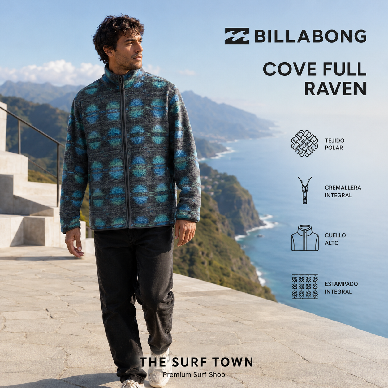 Forro polar Billabong Cove Full Raven con cremallera integral y estampado azul y gris, imagen editorial propia de THE SURF TOWN