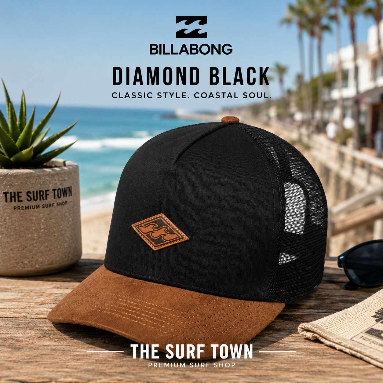Gorra Billabong Diamond Black trucker en color negro con visera marrón y parche frontal de piel. Imagen editorial propia de THE SURF TOWN.