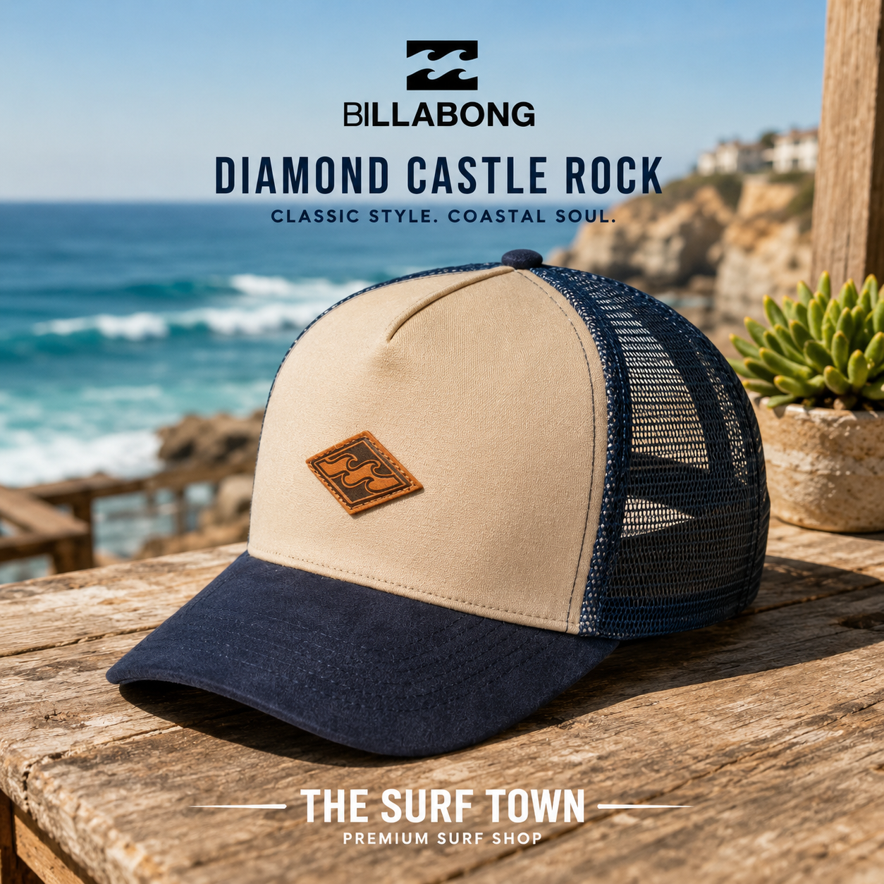 Gorra Billabong Diamond Castle Rock color beige y azul marino tipo trucker con panel trasero de rejilla y parche frontal de piel | THE SURF TOWN