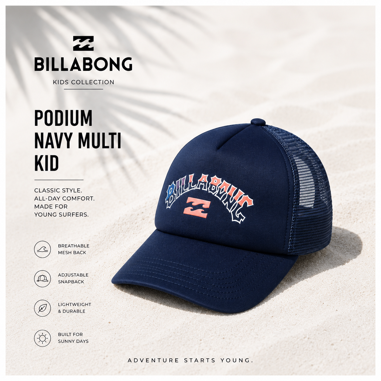 Gorra Billabong Podium Navy Multi Kid para niños con diseño trucker azul marino y estilo surf