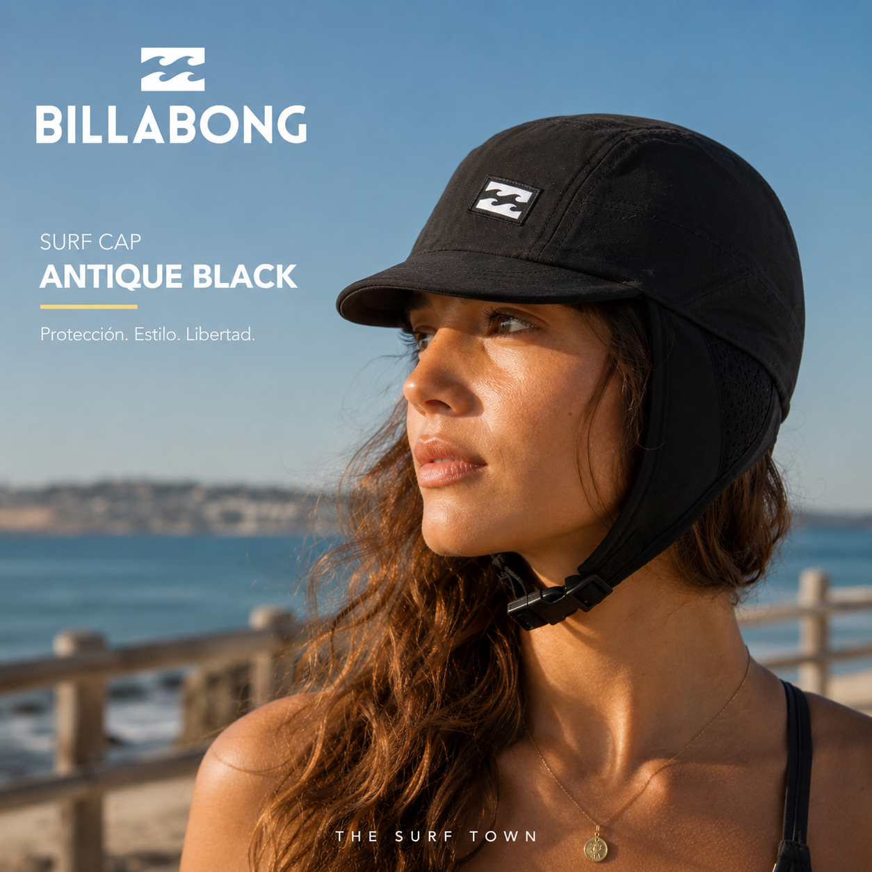Gorra Billabong Surf Cap Antique Black para surf en fotografía editorial propia de THE SURF TOWN con protección solar y estilo surf técnico para playa y mar