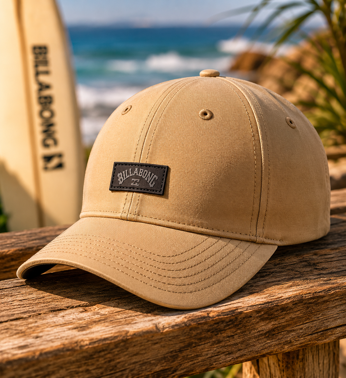 Gorra Billabong beige estilo surf lifestyle sobre mesa de madera frente al mar