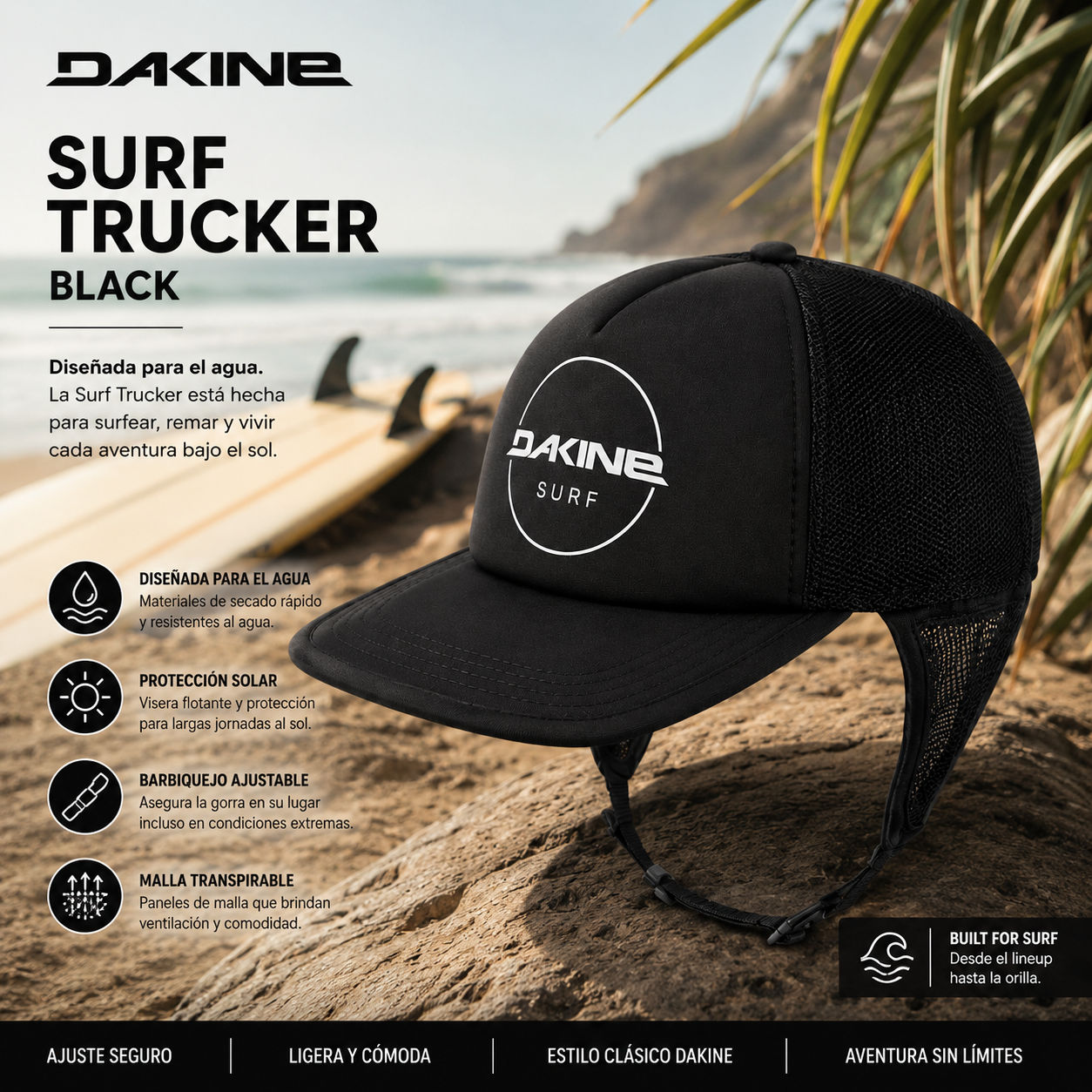 Gorra Dakine Surf Trucker Black en fotografía editorial propia de THE SURF TOWN sobre playa surfera con tabla de surf y ambiente coastal premium